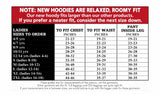 Malley size chart with chest, waist and inside leg body measurements in inches and guidance that the new hoodies have a relaxed, roomy fit.